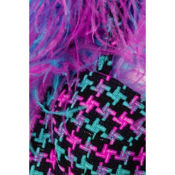 AREA Feather Strap Mini Dress in Fuchsia & Aqua 2 New womens Tweed Cocktail - Picture 13 of 17